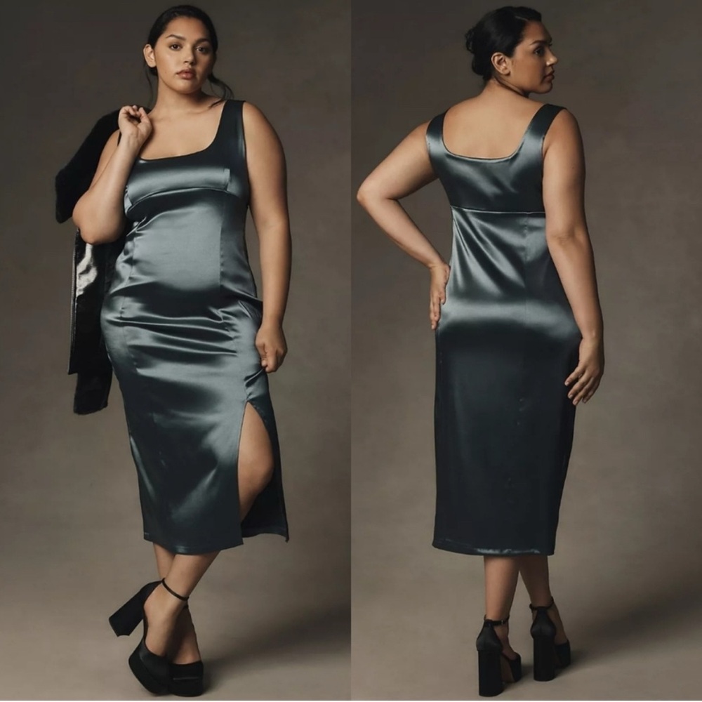 Anthropologie Maeve Square-Neck Satin Stretch Midi Dress